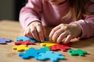 Child assembling interesting puzzle in playroom, toy colorful mosaic photo