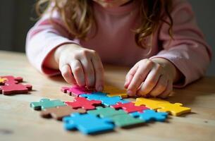 Child interesting assembling puzzle in playroom, toy colorful mosaic photo