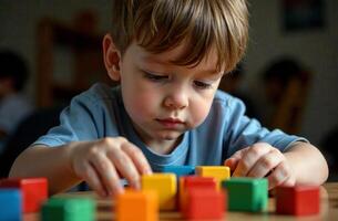 Child cool playing with children toy cubic blocks in the playroom photo