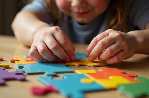 Child assembling puzzle playroom toy colorful mosaic photo