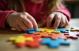 Child assembling puzzle in playroom toy colorful mosaic photo