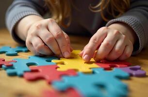 Child assembling puzzle playroom, toy colorful mosaic photo