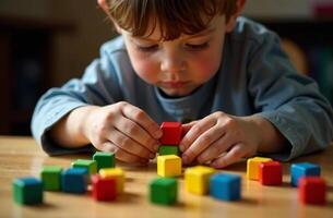 Child playing interesting with children toy cubic blocks in the playroom photo