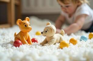 Children playroom, colorful toys lying on white carpet in bedroom photo