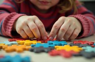 Child assembling puzzle in playroom, toy colorful interesting mosaic photo