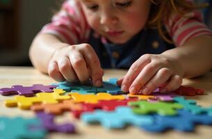 Child assembling puzzle in playroom, interesting toy colorful mosaic photo
