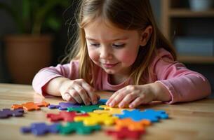 Child assembling puzzle in playroom, toy interesting colorful mosaic photo