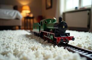 Toy interesting train on white carpet in playroom, children room with railway photo