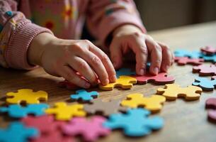 Child assembling puzzle in playroom interesting, toy colorful mosaic photo
