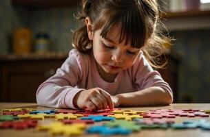 Child assembling puzzle in interesting playroom, toy colorful mosaic photo