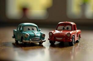Toy colored models of car stand on wooden table in playroom photo
