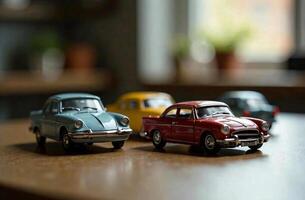 Toy colored models of cars stand wooden table in playroom photo