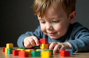 Child playing with children toy cubic blocks in the playroom photo