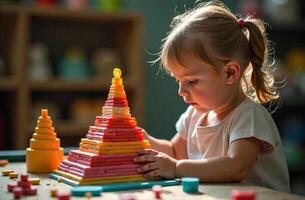 Child interesting assembling toy pyramid in playroom, toy colorful mosaic photo