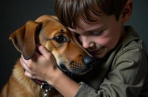 Child hugging Cute pet, friendship of dog and kid, dark background photo