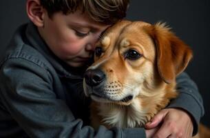 Child hugging pet, friendship of dog and kid, dark background photo