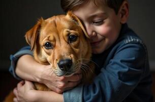 Child hugging pet, friendship dog and kid, dark background photo