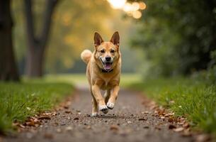 Dog walking in park, pet run along path nature, cute animal face photo