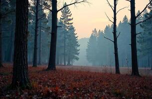 Forest landscape deciduous spruce trees fog background photo