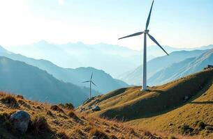 Wind generator on hill, clean green renewable energy turbine photo