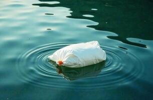 Plastic garbage float pollution ocean surface, garbage waste drift water photo