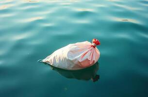 Plastic garbage float ocean surface, garbage waste drift water photo