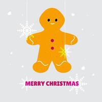 Merry Christmas. Simple card with gingerbread cookies, snowflakes and greeting lettering. Flat vector
