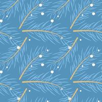 Seamless pattern. Winter background card made of fir branches. Blue Christmas tree branches with snowflakes. vector