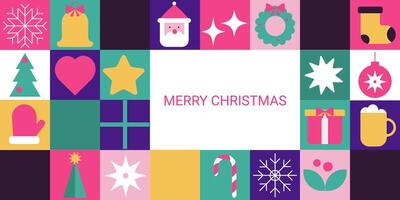 Christmas and New Year abstract geometric background. Bauhaus. Retro. Banner with Christmas elements, symbols, and greeting inscription. vector