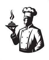Chef holding a plate with a dessert on it vector