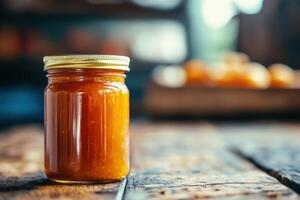 A jar of orange marmalade on a wooden table photo