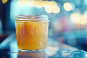 A glass of orange juice sitting on a table photo