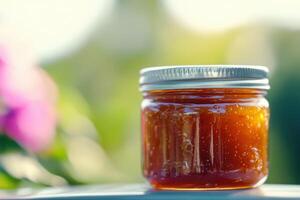 A jar of homemade jam sitting on a table photo