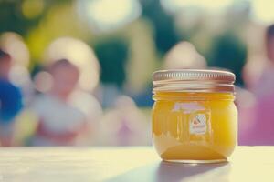 A jar of honey sitting on a table in front of people photo