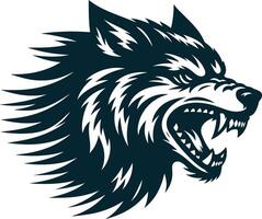 The head of a wolf is shown in black and white vector