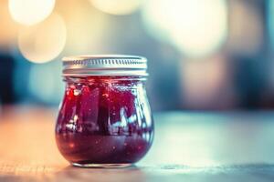 A jar of jam on a table with a blurry background photo