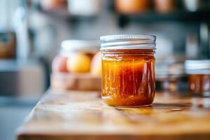 A jar of homemade jam on a table photo