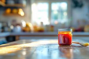 A jar of ketchup on a wooden table photo