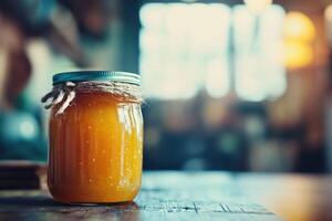 A jar of orange jam on a wooden table photo