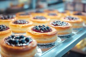 A bunch of cakes on a tray photo