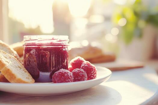 A plate with bread and jam on it photo