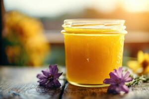 A jar of honey with flowers on a wooden table photo