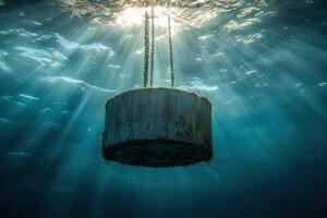 A large metal bucket suspended in the water photo