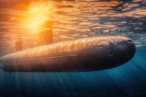 A submarine in the ocean with sunlight shining on it photo