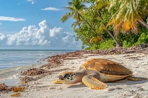 A turtle on a beach near palm trees photo