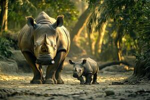 A mother rhino and her baby walk through the woods photo