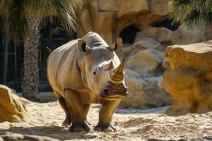 A rhinoceros is walking in a zoo photo