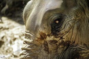 A close up of an elephant's face with dirt on it photo