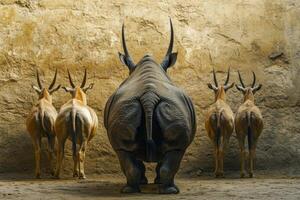 A rhino standing in front of a group of antelope photo