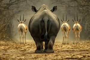 A rhino walking in the dirt with a herd of antelope photo